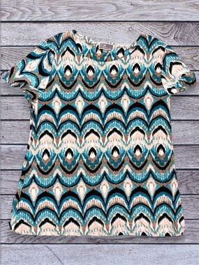 JM Collection Teal Patterned Short Sleeve Women's Top large
